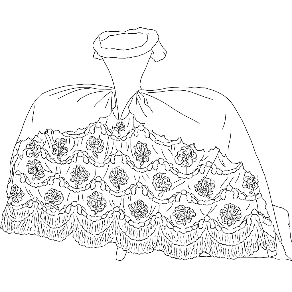 Historical portrait showing an 18th-century court gown with dramatic pannier silhouette extending from the hips