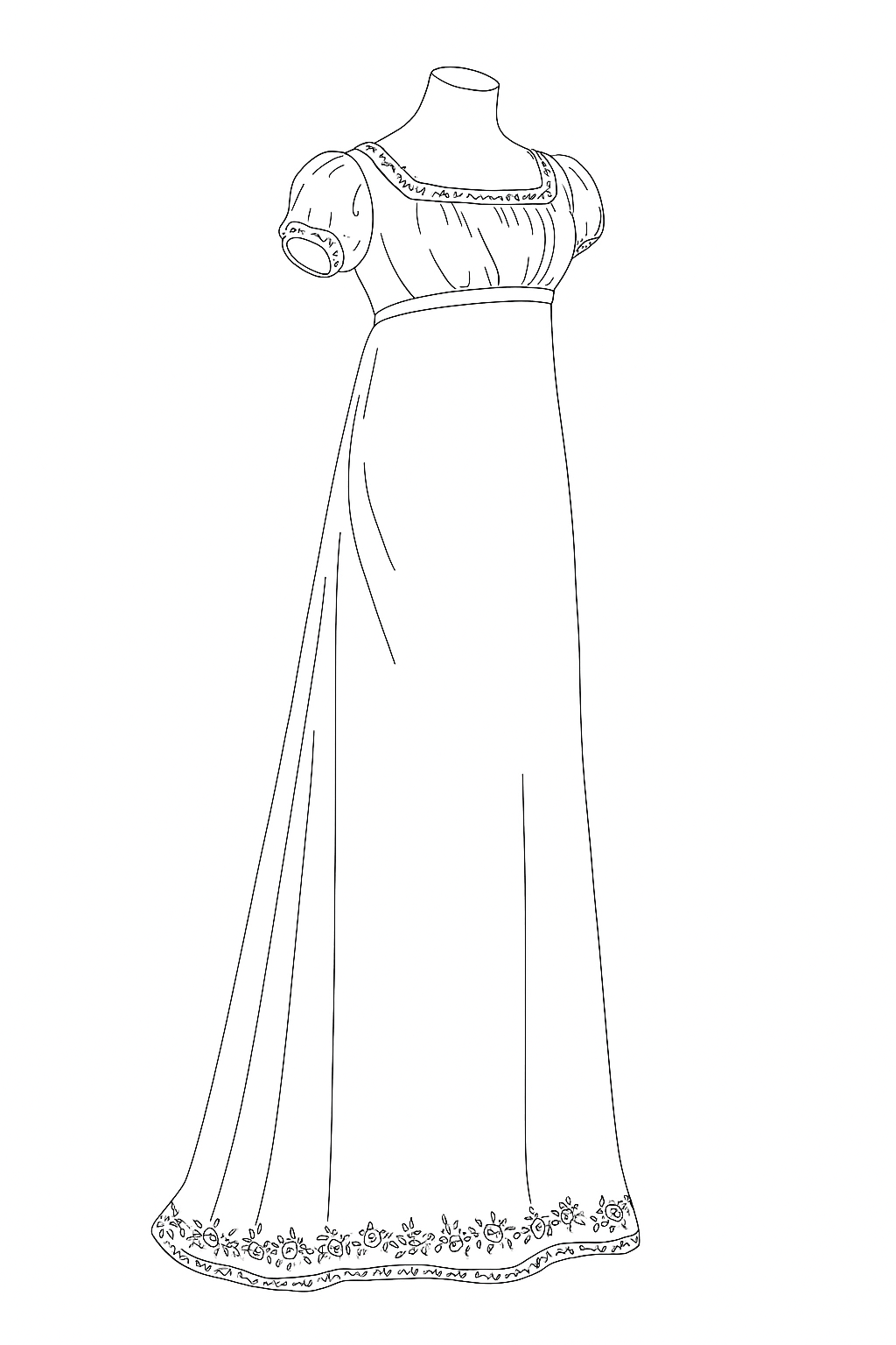 Line illustration showing a late 18th, early 19th c. high-waisted dress with a columnar silhouette